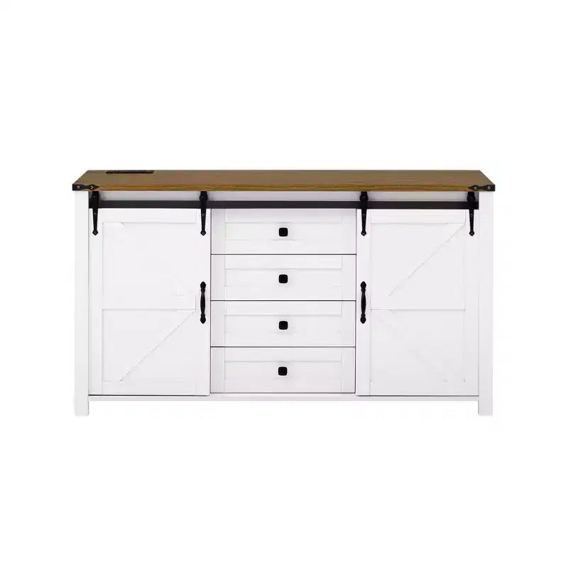 Merax Modern Farmhouse Sideboard Buffet with Sliding Barn Doors, 4 Drawers, Built-in Power Outlet