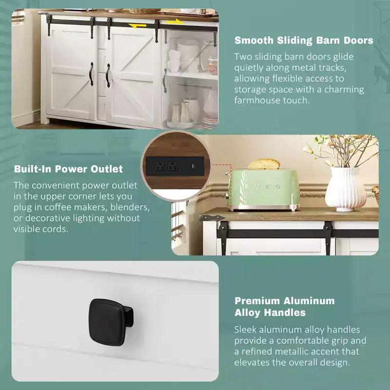 Merax Modern Farmhouse Sideboard Buffet with Sliding Barn Doors, 4 Drawers, Built-in Power Outlet