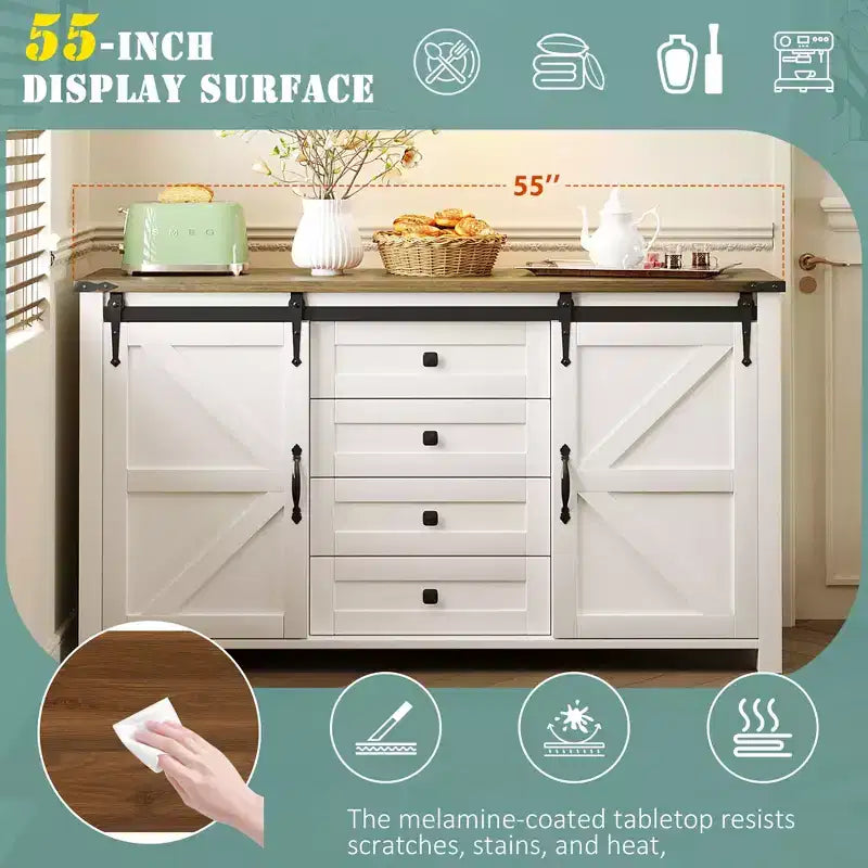 Merax Modern Farmhouse Sideboard Buffet with Sliding Barn Doors, 4 Drawers, Built-in Power Outlet