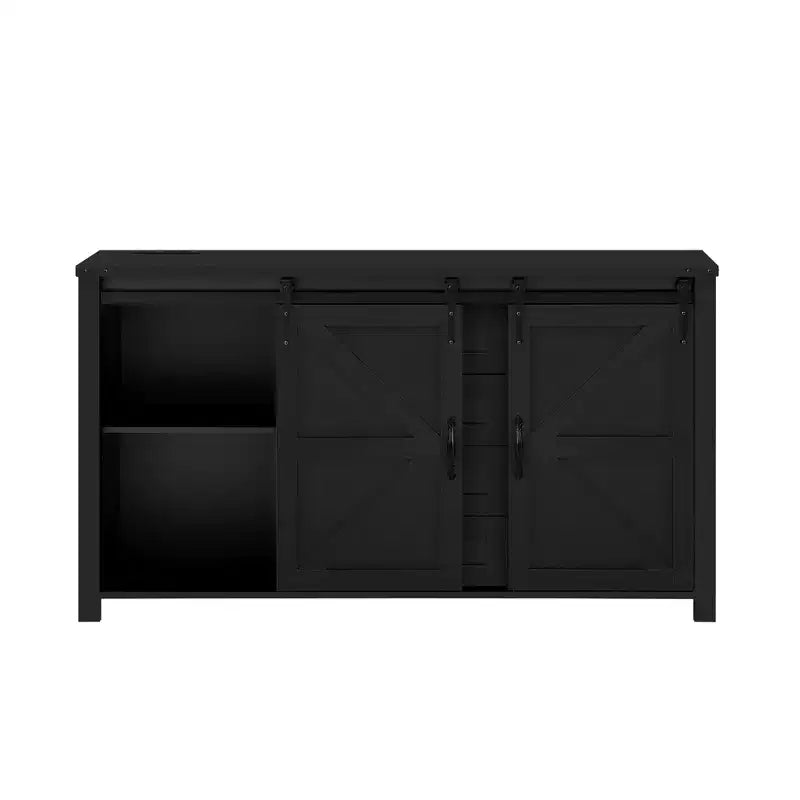 Merax Modern Farmhouse Sideboard Buffet with Sliding Barn Doors, 4 Drawers, Built-in Power Outlet