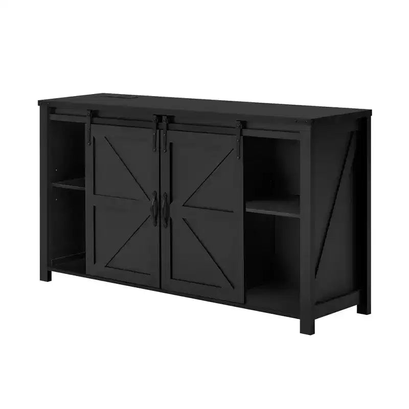 Merax Modern Farmhouse Sideboard Buffet with Sliding Barn Doors, 4 Drawers, Built-in Power Outlet