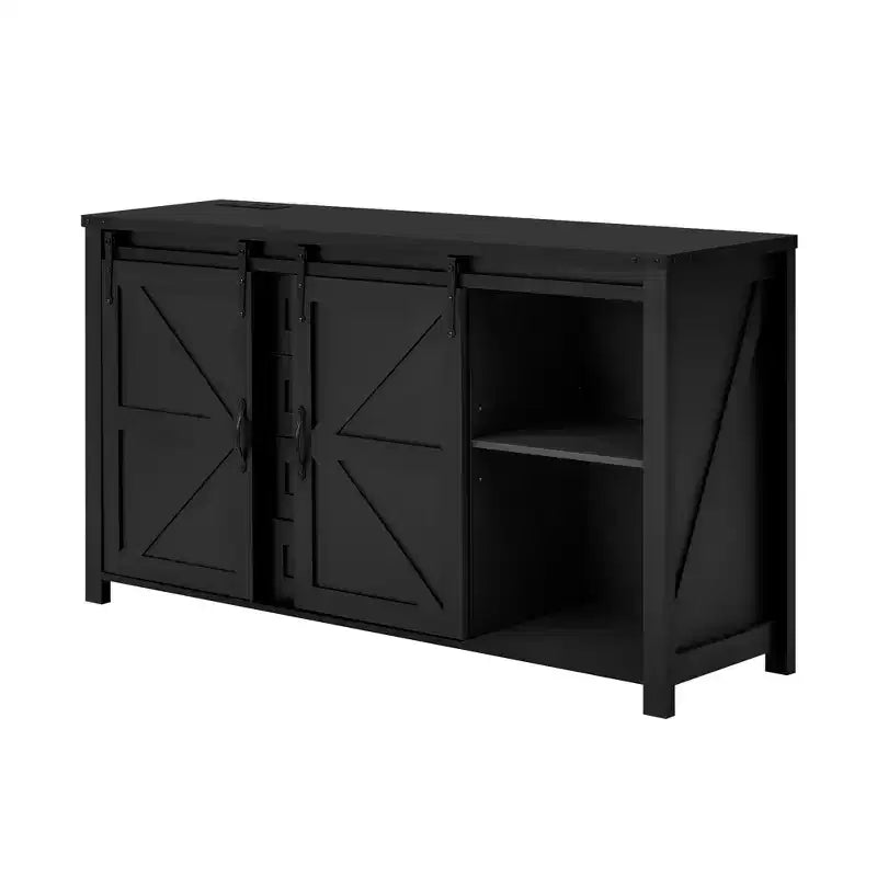 Merax Modern Farmhouse Sideboard Buffet with Sliding Barn Doors, 4 Drawers, Built-in Power Outlet