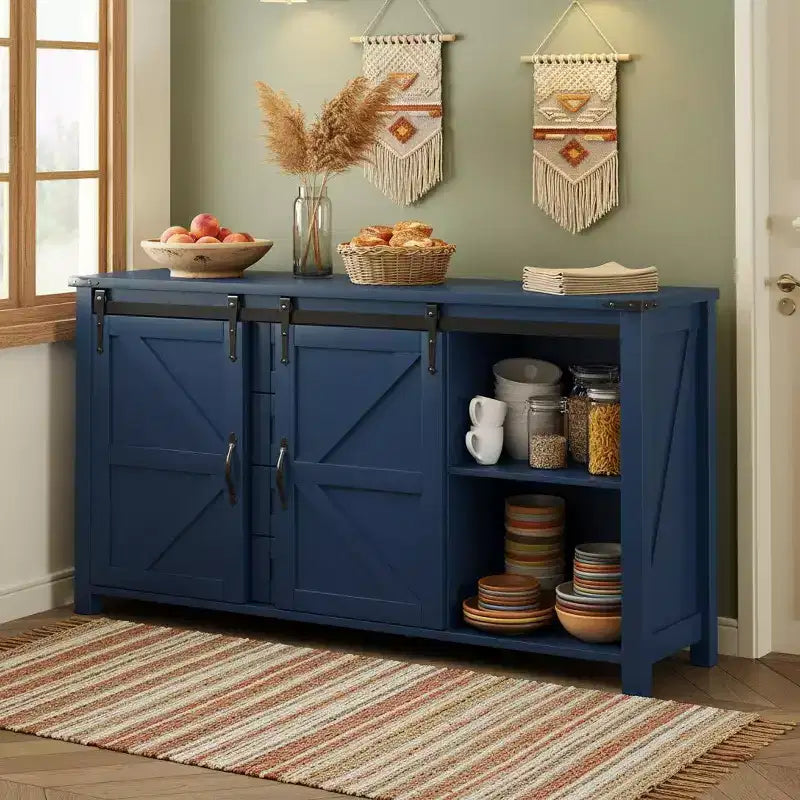 Merax Modern Farmhouse Sideboard Buffet with Sliding Barn Doors, 4 Drawers, Built-in Power Outlet