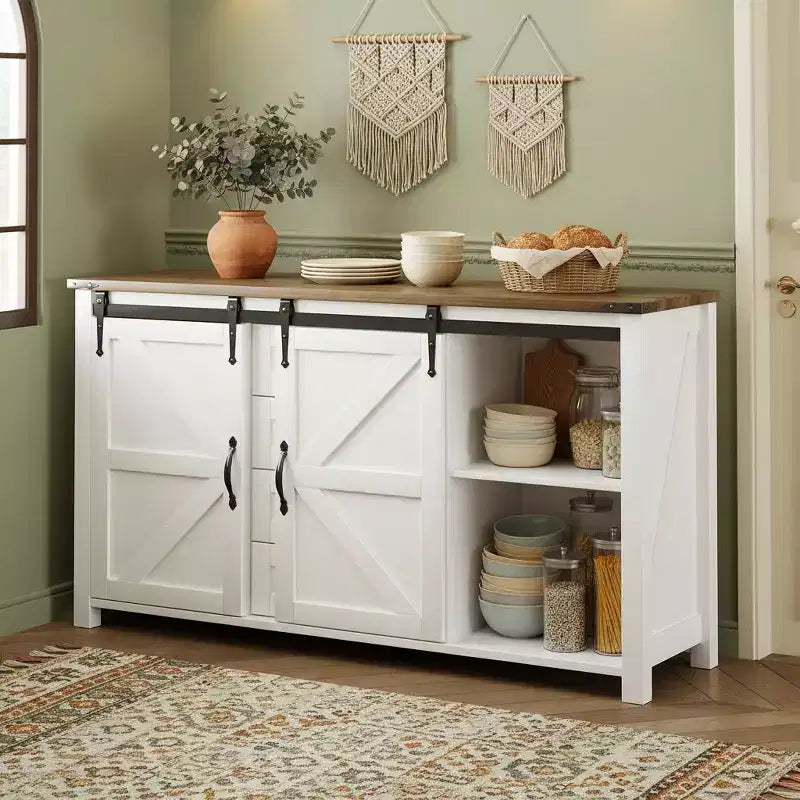 Merax Modern Farmhouse Sideboard Buffet with Sliding Barn Doors, 4 Drawers, Built-in Power Outlet