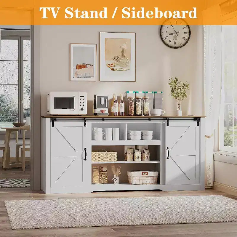 Farmhouse TV Stand for 80 Inch TVs, 70 Inch Media Console with Sliding Barn Doors & Storage Cabinets