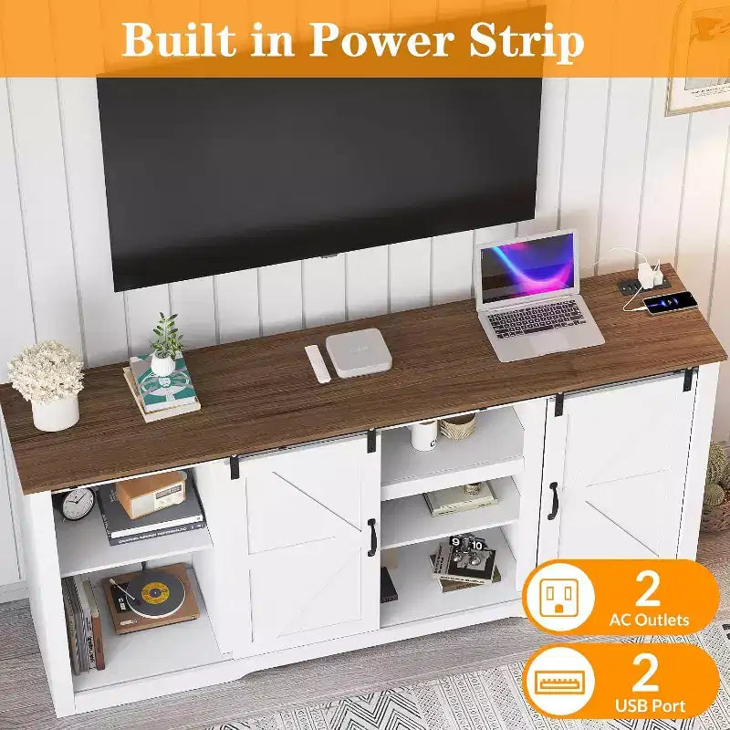 Farmhouse TV Stand for 80 Inch TVs, 70 Inch Media Console with Sliding Barn Doors & Storage Cabinets