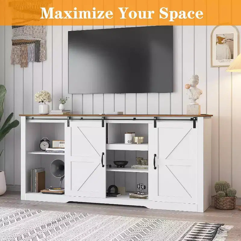 Farmhouse TV Stand for 80 Inch TVs, 70 Inch Media Console with Sliding Barn Doors & Storage Cabinets