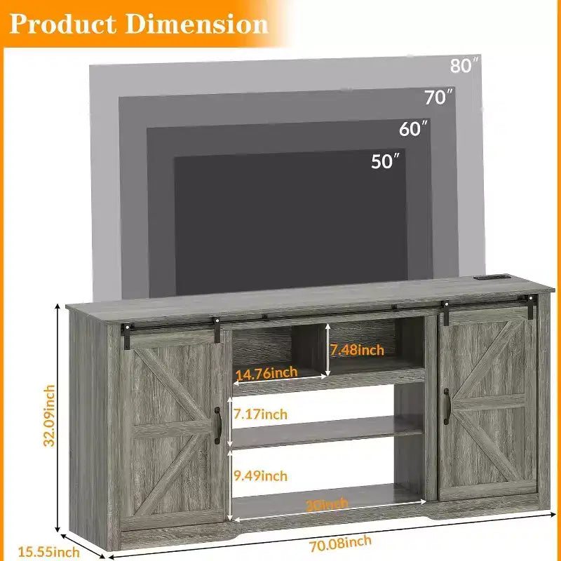Farmhouse TV Stand for 80 Inch TVs, 70 Inch Media Console with Sliding Barn Doors & Storage Cabinets