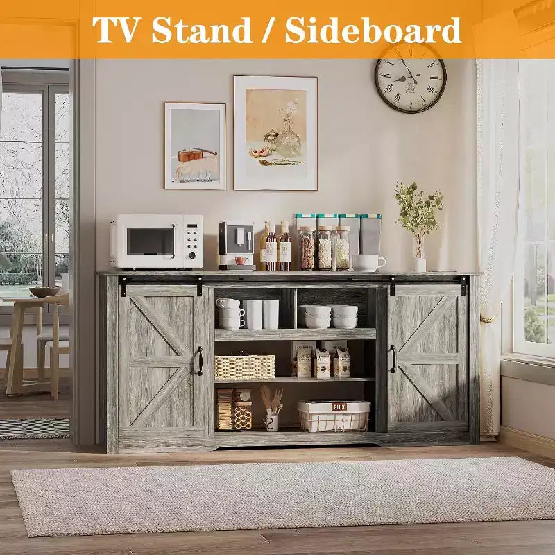 Farmhouse TV Stand for 80 Inch TVs, 70 Inch Media Console with Sliding Barn Doors & Storage Cabinets