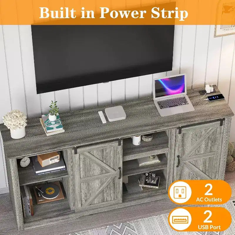 Farmhouse TV Stand for 80 Inch TVs, 70 Inch Media Console with Sliding Barn Doors & Storage Cabinets