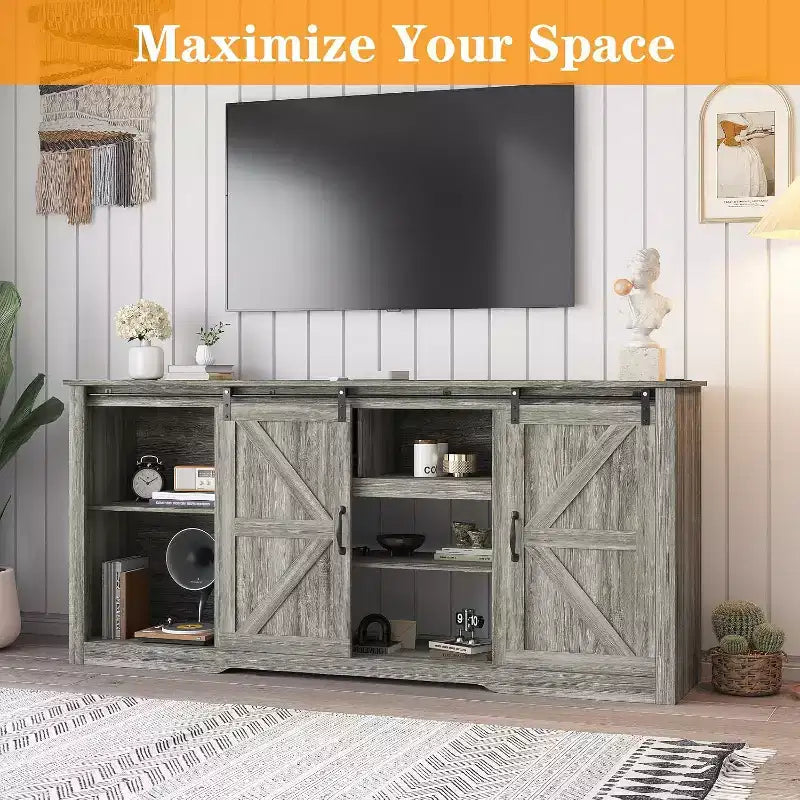 Farmhouse TV Stand for 80 Inch TVs, 70 Inch Media Console with Sliding Barn Doors & Storage Cabinets