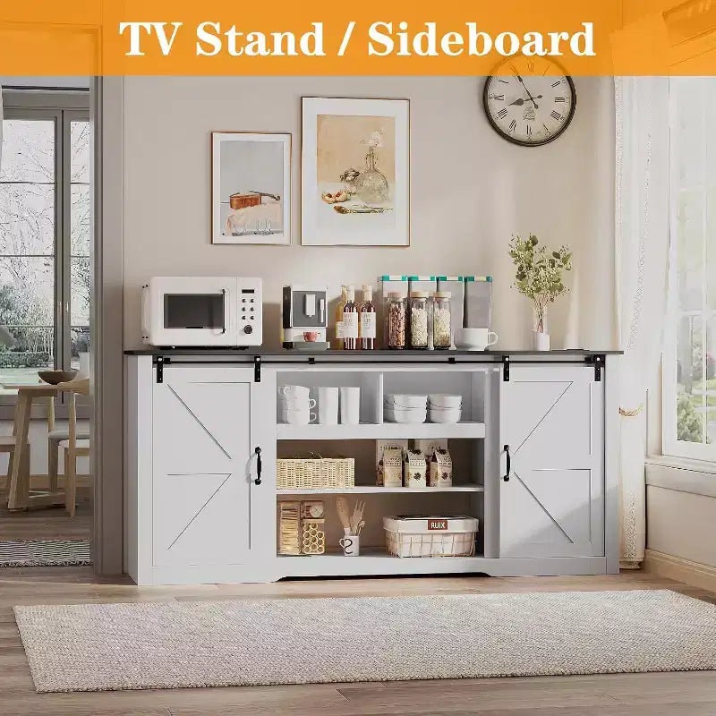 Farmhouse TV Stand for 80 Inch TVs, 70 Inch Media Console with Sliding Barn Doors & Storage Cabinets