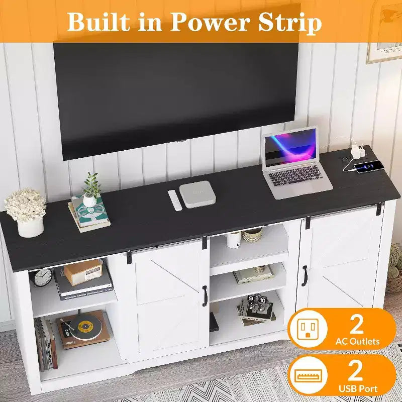 Farmhouse TV Stand for 80 Inch TVs, 70 Inch Media Console with Sliding Barn Doors & Storage Cabinets