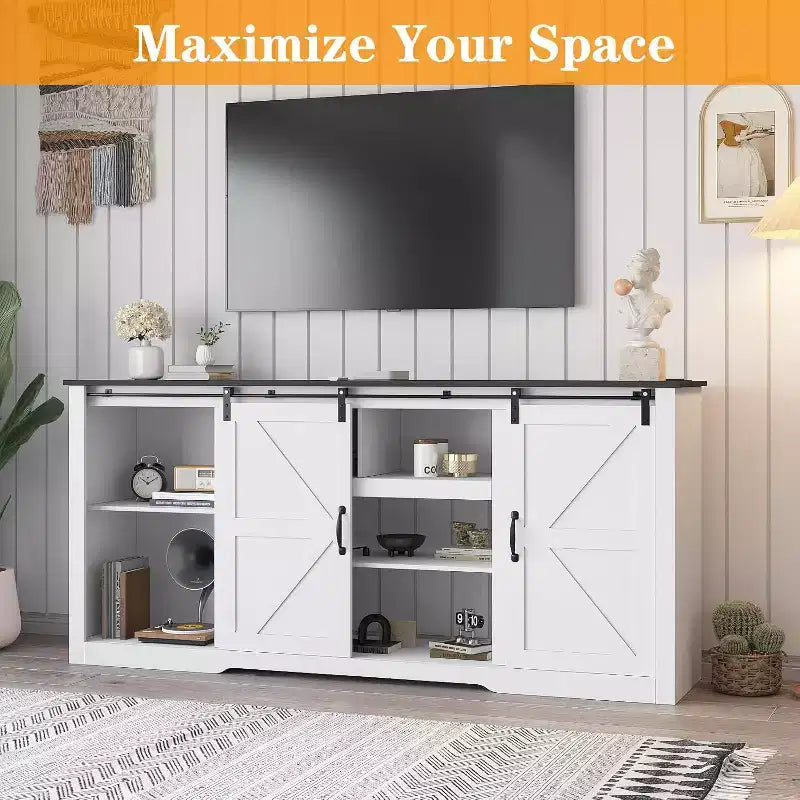 Farmhouse TV Stand for 80 Inch TVs, 70 Inch Media Console with Sliding Barn Doors & Storage Cabinets