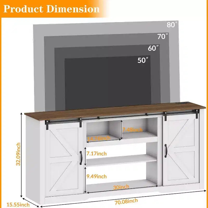 Farmhouse TV Stand for 80 Inch TVs, 70 Inch Media Console with Sliding Barn Doors & Storage Cabinets