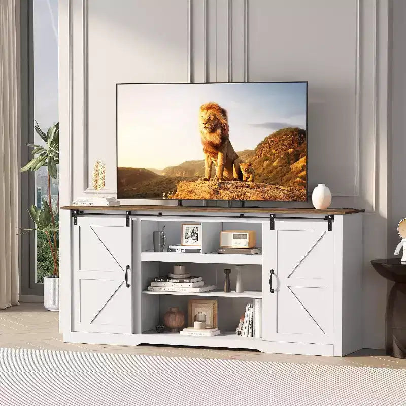 Farmhouse TV Stand for 80 Inch TVs, 70 Inch Media Console with Sliding Barn Doors & Storage Cabinets