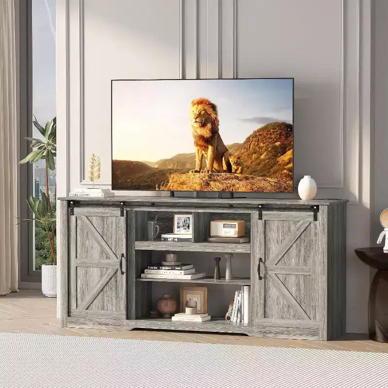 Farmhouse TV Stand for 80 Inch TVs, 70 Inch Media Console with Sliding Barn Doors & Storage Cabinets