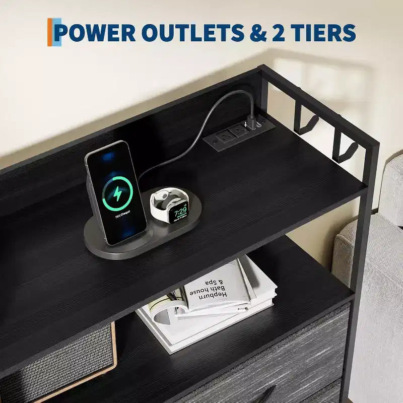 Fabric Dresser with 8+3 Drawers, LED Lights & Charging Station - Includes Wooden Top Shelves, 4 Side Pockets, Hooks & Sturdy Steel Frame