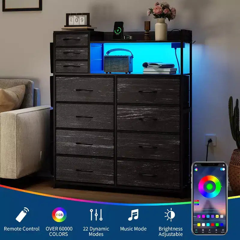 Fabric Dresser with 8+3 Drawers, LED Lights & Charging Station - Includes Wooden Top Shelves, 4 Side Pockets, Hooks & Sturdy Steel Frame