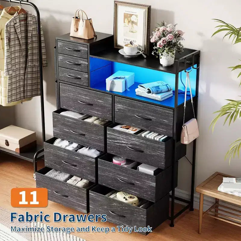 Fabric Dresser with 8+3 Drawers, LED Lights & Charging Station - Includes Wooden Top Shelves, 4 Side Pockets, Hooks & Sturdy Steel Frame