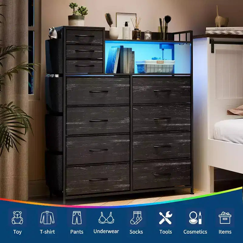 Fabric Dresser with 8+3 Drawers, LED Lights & Charging Station - Includes Wooden Top Shelves, 4 Side Pockets, Hooks & Sturdy Steel Frame