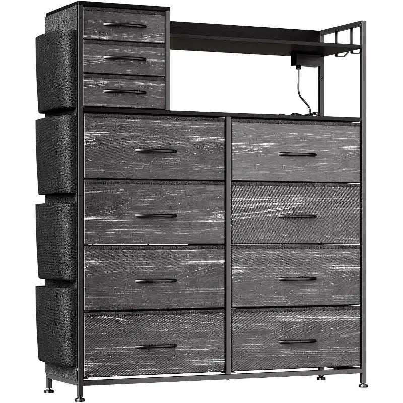 Fabric Dresser with 8+3 Drawers, LED Lights & Charging Station - Includes Wooden Top Shelves, 4 Side Pockets, Hooks & Sturdy Steel Frame
