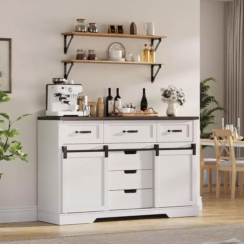 6 Drawers Dresser with Mirror for Bedroom, Makeup Vanity with Light Mirror, Chest of Drawers with Sliding Barn Doors for Bedroom, Living Room