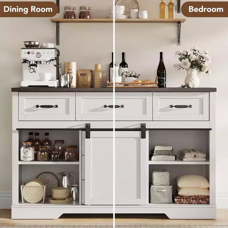 6 Drawers Dresser with Mirror for Bedroom, Makeup Vanity with Light Mirror, Chest of Drawers with Sliding Barn Doors for Bedroom, Living Room