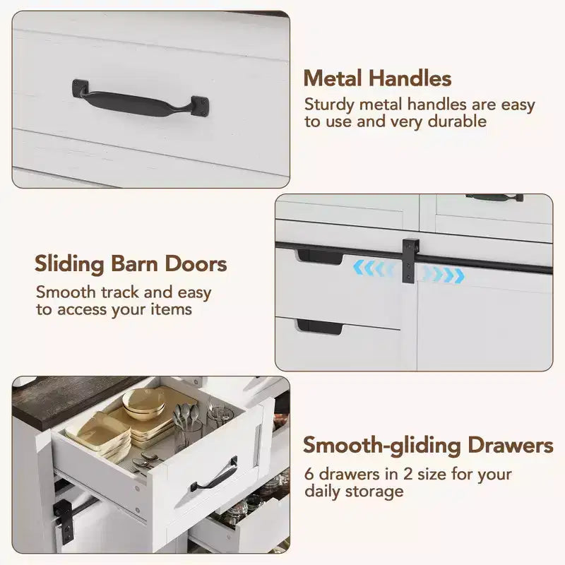 6 Drawers Dresser with Mirror for Bedroom, Makeup Vanity with Light Mirror, Chest of Drawers with Sliding Barn Doors for Bedroom, Living Room