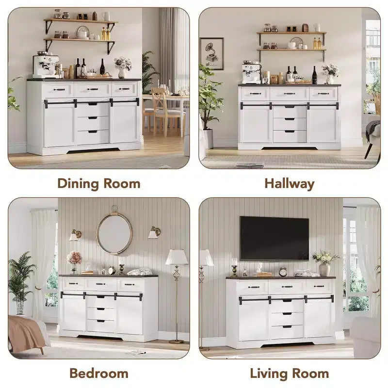 6 Drawers Dresser with Mirror for Bedroom, Makeup Vanity with Light Mirror, Chest of Drawers with Sliding Barn Doors for Bedroom, Living Room