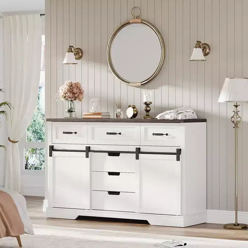 6 Drawers Dresser with Mirror for Bedroom, Makeup Vanity with Light Mirror, Chest of Drawers with Sliding Barn Doors for Bedroom, Living Room