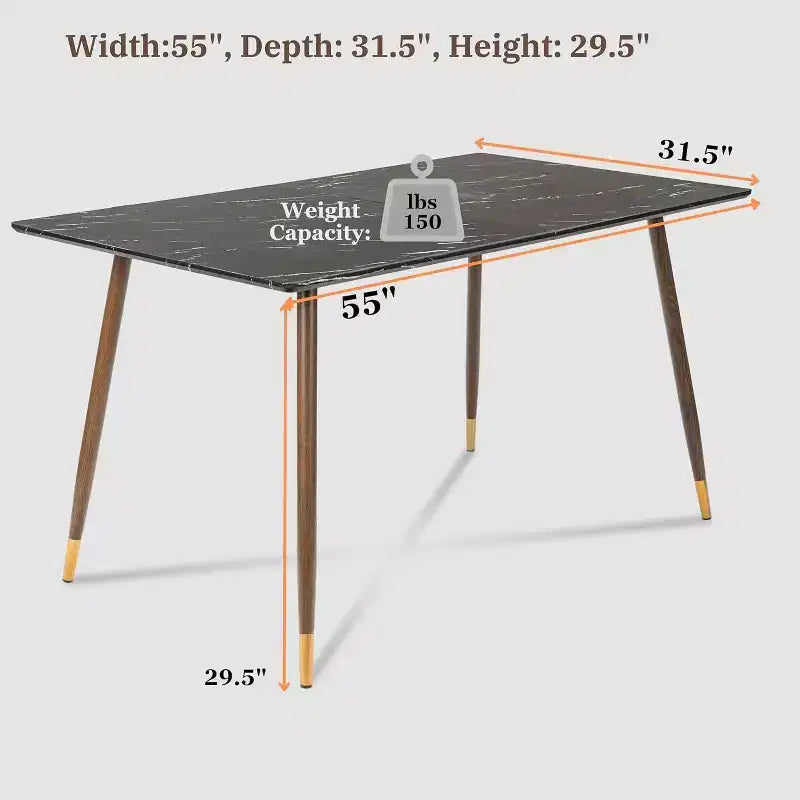 55.1 Modern Dining Table with Black Marble-Style Top and Wood Tapered Legs, Rectangular Kitchen & Dining Room Table