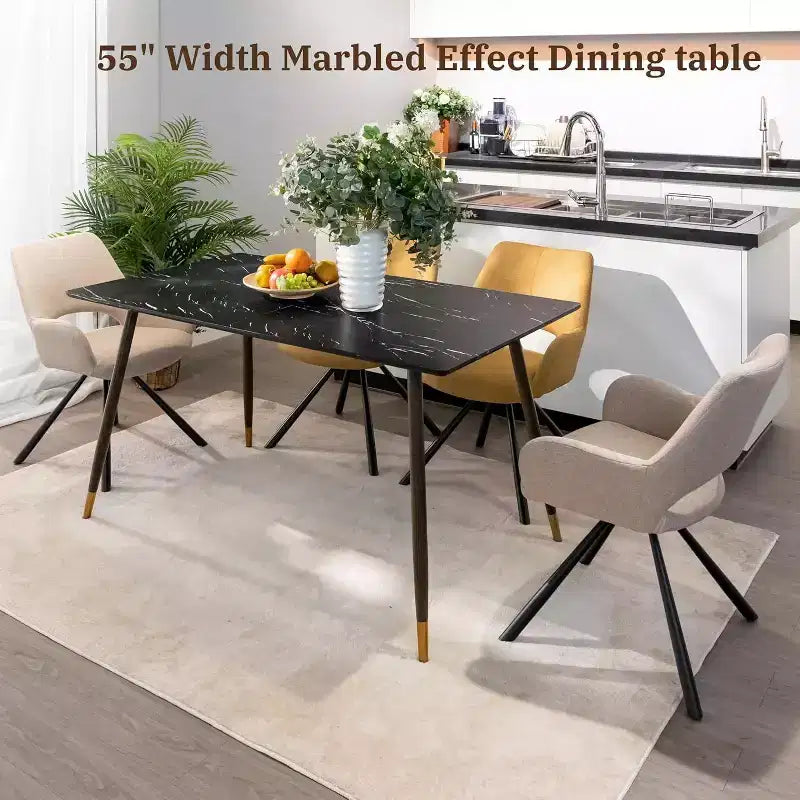 55.1 Modern Dining Table with Black Marble-Style Top and Wood Tapered Legs, Rectangular Kitchen & Dining Room Table