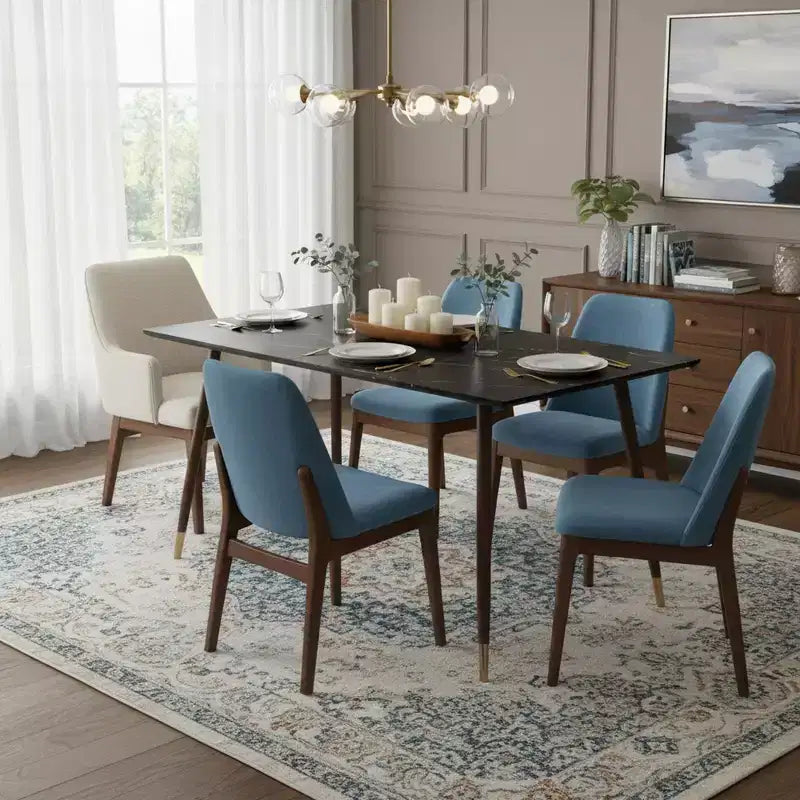 55.1 Modern Dining Table with Black Marble-Style Top and Wood Tapered Legs, Rectangular Kitchen & Dining Room Table