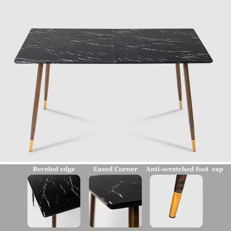 55.1 Modern Dining Table with Black Marble-Style Top and Wood Tapered Legs, Rectangular Kitchen & Dining Room Table