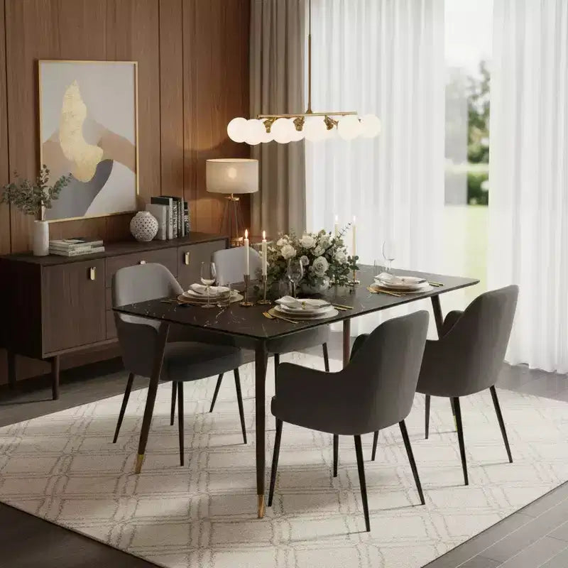 55.1 Modern Dining Table with Black Marble-Style Top and Wood Tapered Legs, Rectangular Kitchen & Dining Room Table