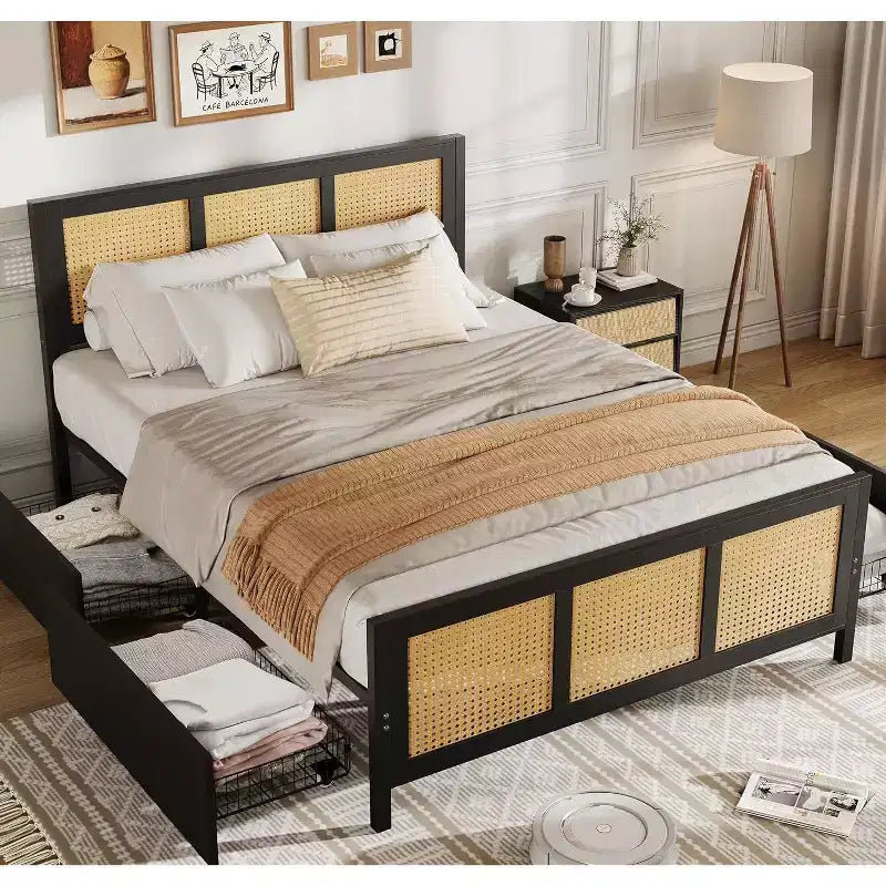 Boho Cane Bed Frame with LED Headboard (7 Colors), 4 Large Drawers, Metal Slats, No Box Spring Needed