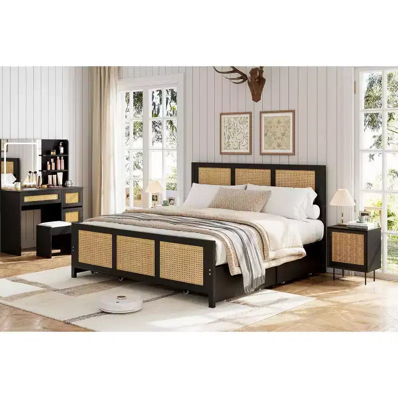 Boho Cane Bed Frame with LED Headboard (7 Colors), 4 Large Drawers, Metal Slats, No Box Spring Needed