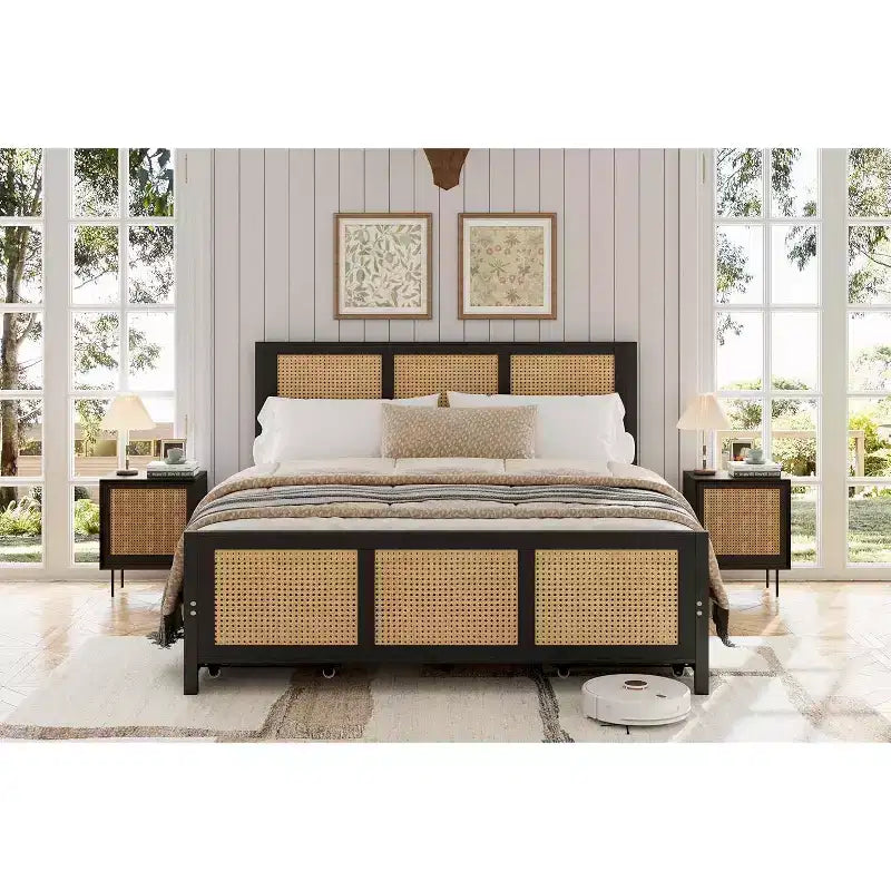 Boho Cane Bed Frame with LED Headboard (7 Colors), 4 Large Drawers, Metal Slats, No Box Spring Needed