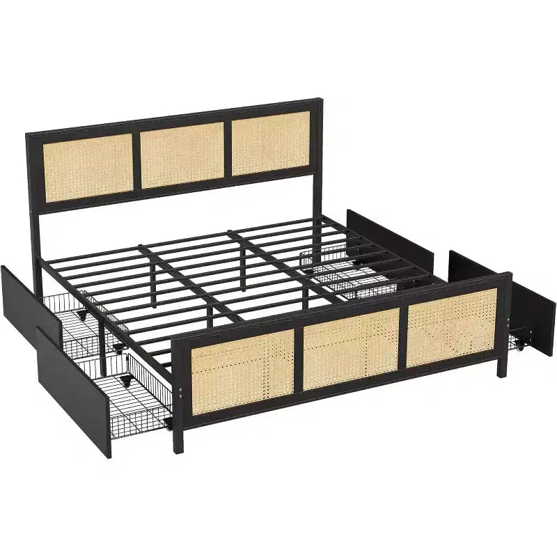 Boho Cane Bed Frame with LED Headboard (7 Colors), 4 Large Drawers, Metal Slats, No Box Spring Needed