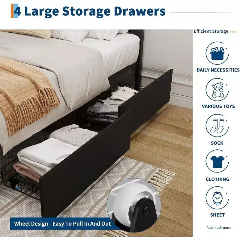 Boho Cane Bed Frame with LED Headboard (7 Colors), 4 Large Drawers, Metal Slats, No Box Spring Needed