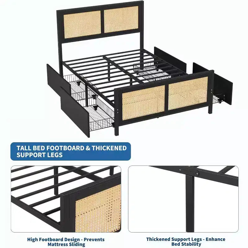 Boho Cane Bed Frame with LED Headboard (7 Colors), 4 Large Drawers, Metal Slats, No Box Spring Needed