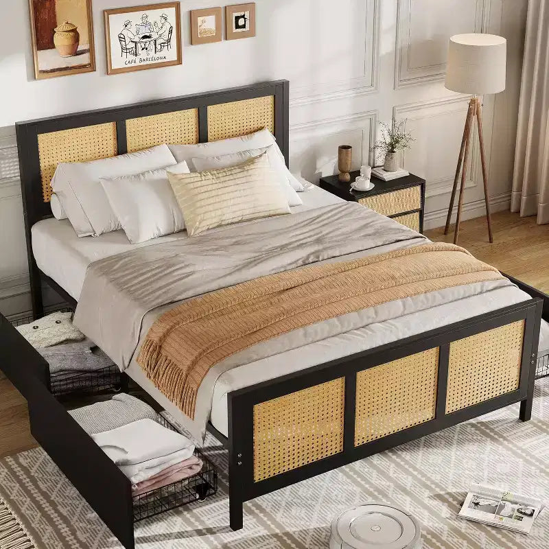 Boho Cane Bed Frame with LED Headboard (7 Colors), 4 Large Drawers, Metal Slats, No Box Spring Needed