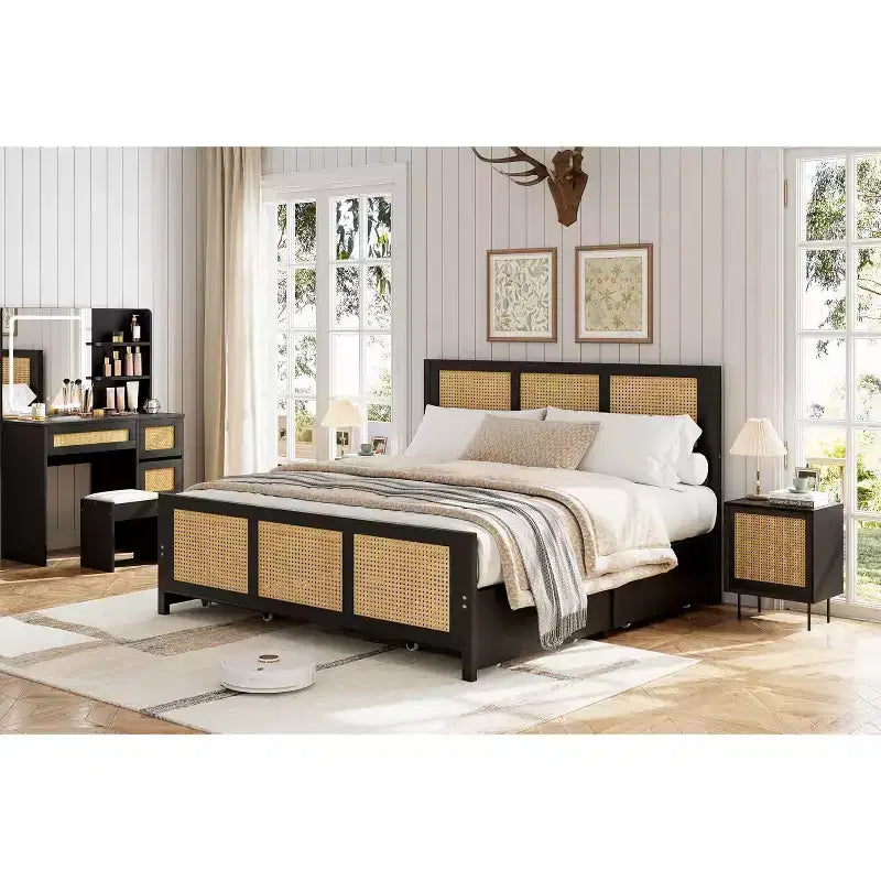 Boho Cane Bed Frame with LED Headboard (7 Colors), 4 Large Drawers, Metal Slats, No Box Spring Needed