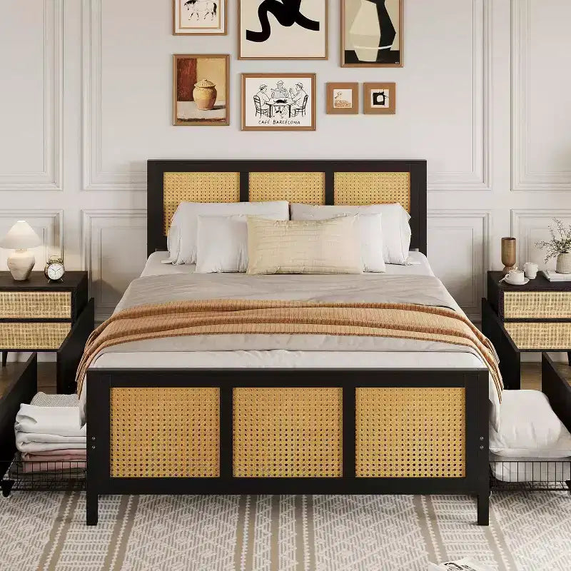 Boho Cane Bed Frame with LED Headboard (7 Colors), 4 Large Drawers, Metal Slats, No Box Spring Needed