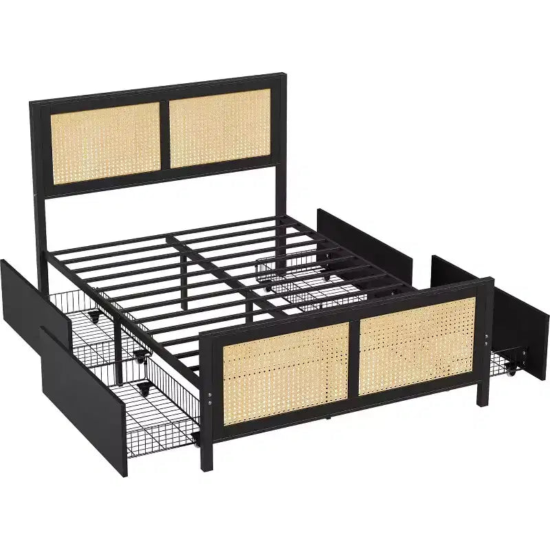 Boho Cane Bed Frame with LED Headboard (7 Colors), 4 Large Drawers, Metal Slats, No Box Spring Needed