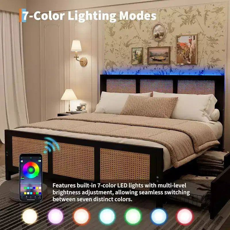 Boho Cane Bed Frame with LED Headboard (7 Colors), 4 Large Drawers, Metal Slats, No Box Spring Needed
