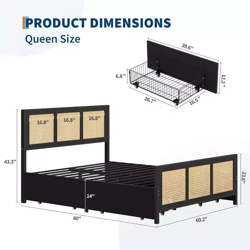 Boho Cane Bed Frame with LED Headboard (7 Colors), 4 Large Drawers, Metal Slats, No Box Spring Needed