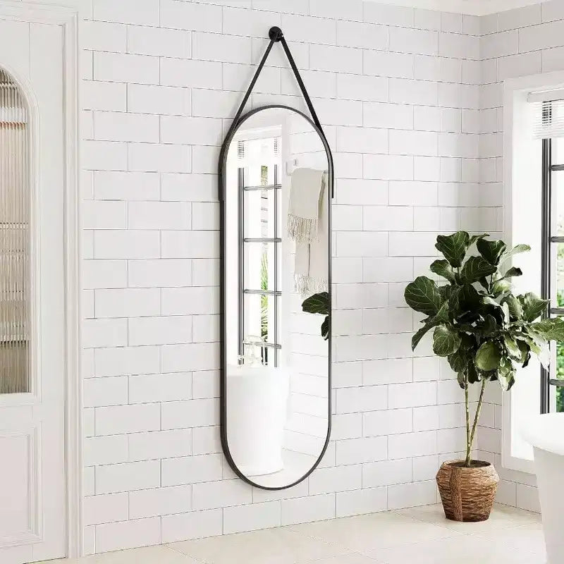 Oval Full Length Mirror (48x16) - Black Aluminum Frame & Leather Strap. For Bathroom, Living Room, Entryway Decor