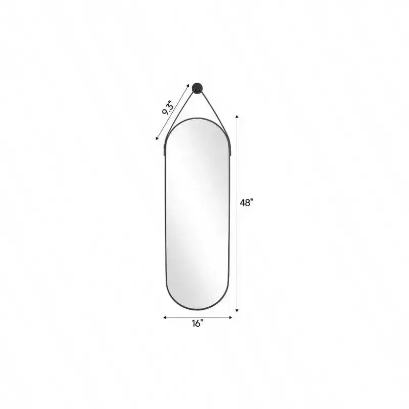 Oval Full Length Mirror (48x16) - Black Aluminum Frame & Leather Strap. For Bathroom, Living Room, Entryway Decor